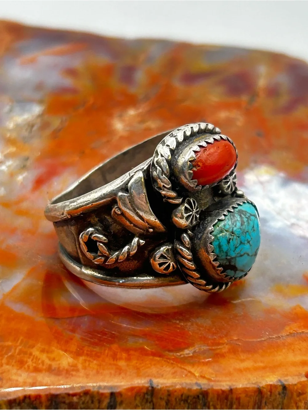 Southwest Sterling Silver Coral and Turquoise Ring - Size 12